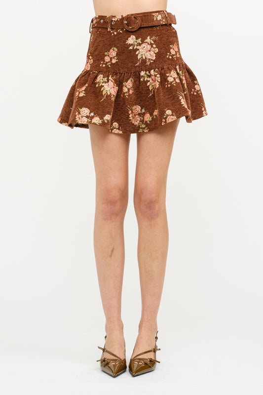 Minos Dark Brown Floral Mini Skirt