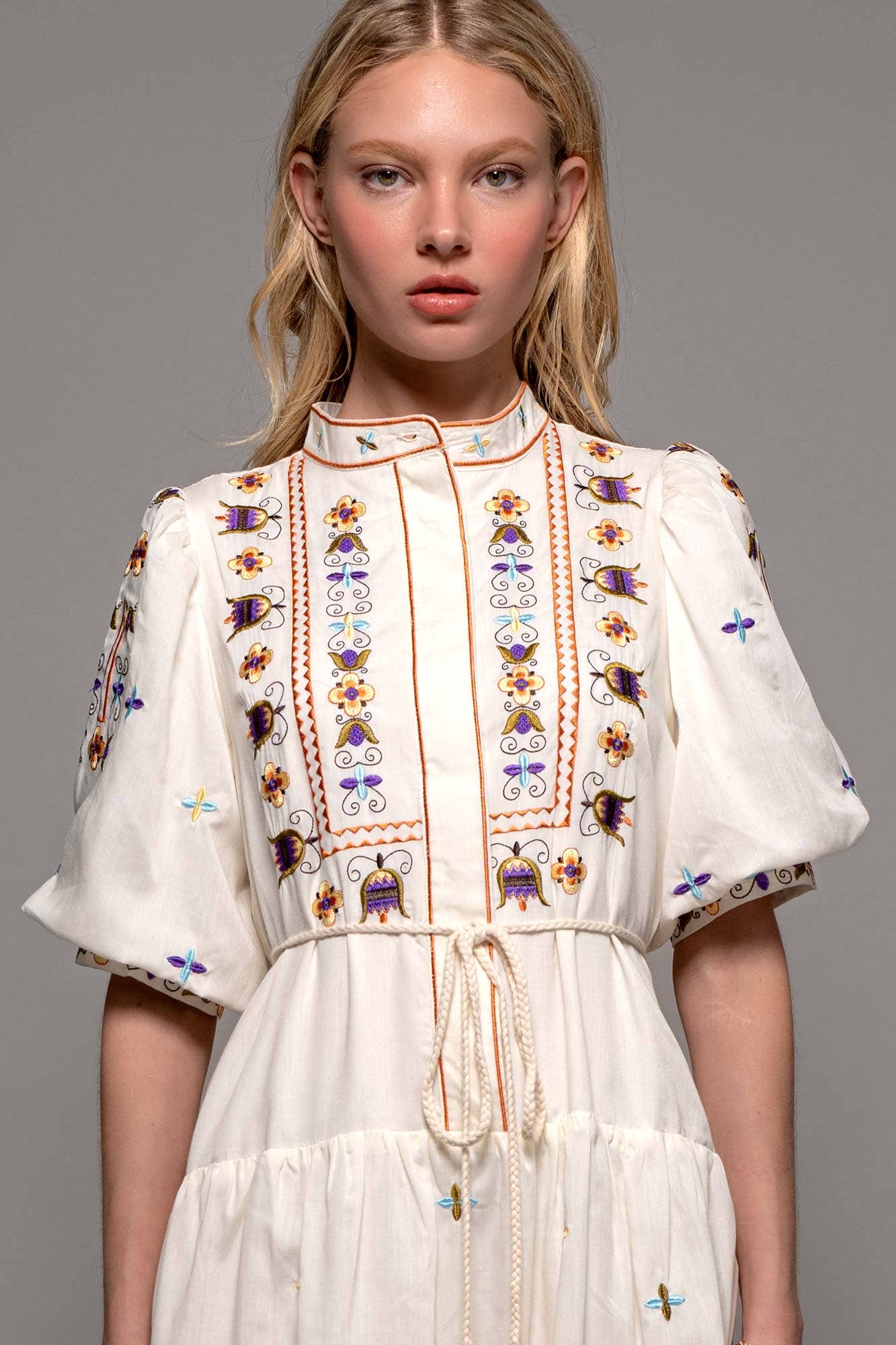 Embroidered Balloon Sleeve Tiered Midi Dress