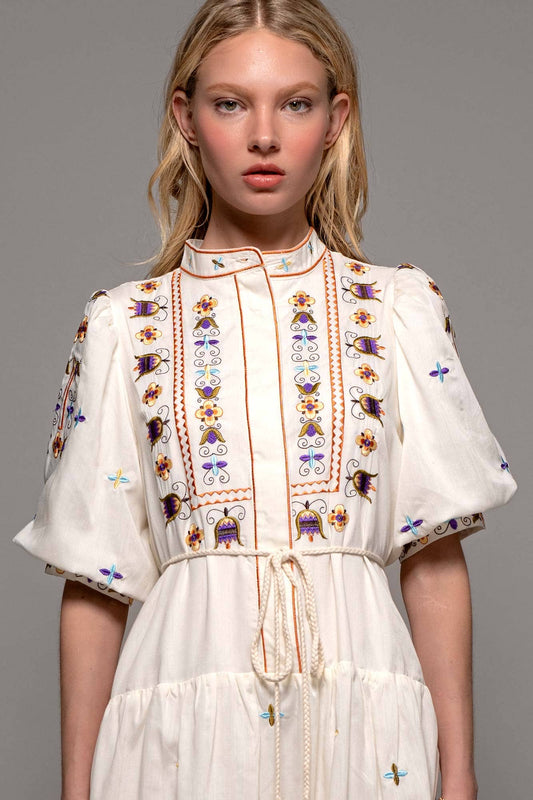 Embroidered Balloon Sleeve Tiered Midi Dress