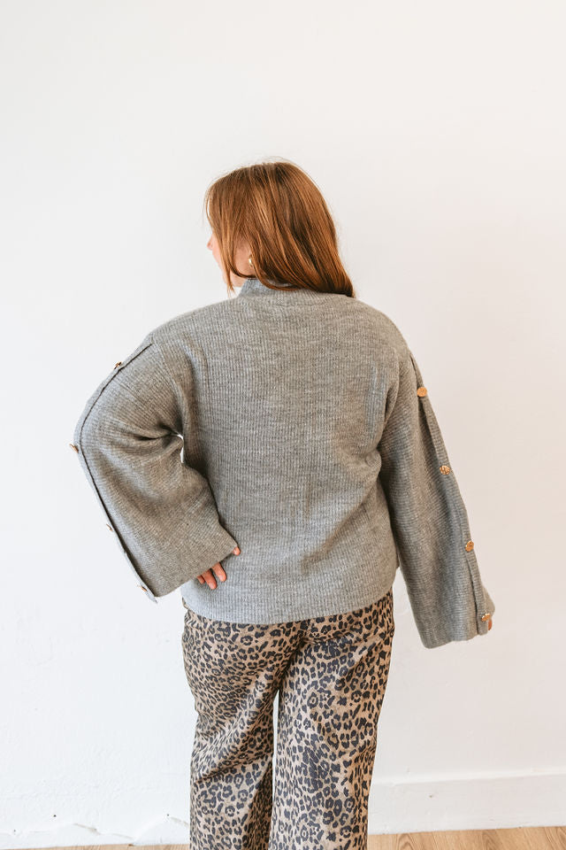 Grey Turtleneck Gold Button Sweater