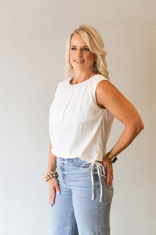 White Shirred Neck Sleeveless Side Tie Top