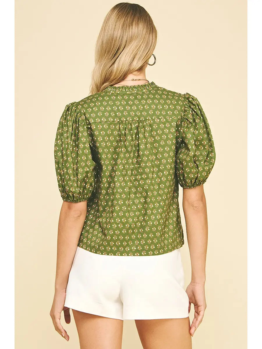 Olive Floral Puffed Sleeve Top