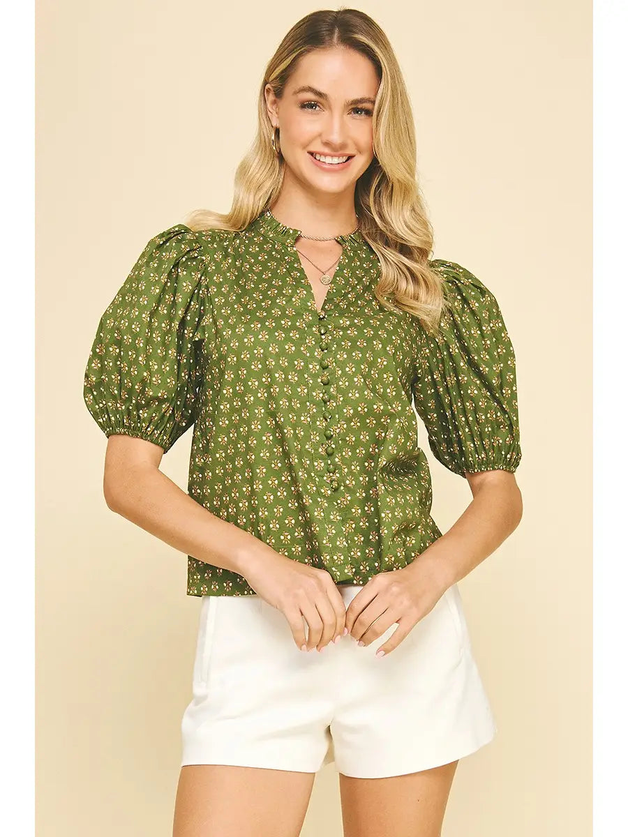 Olive Floral Puffed Sleeve Top