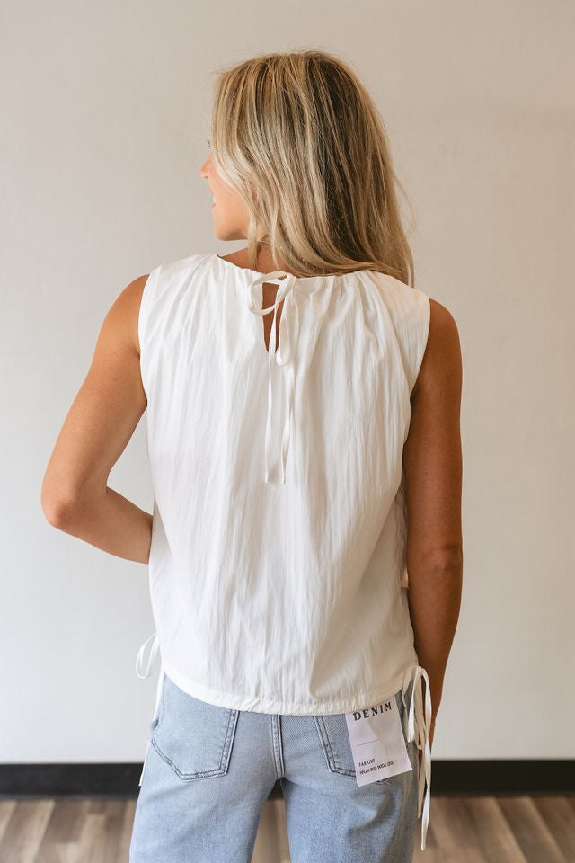 White Shirred Neck Sleeveless Side Tie Top