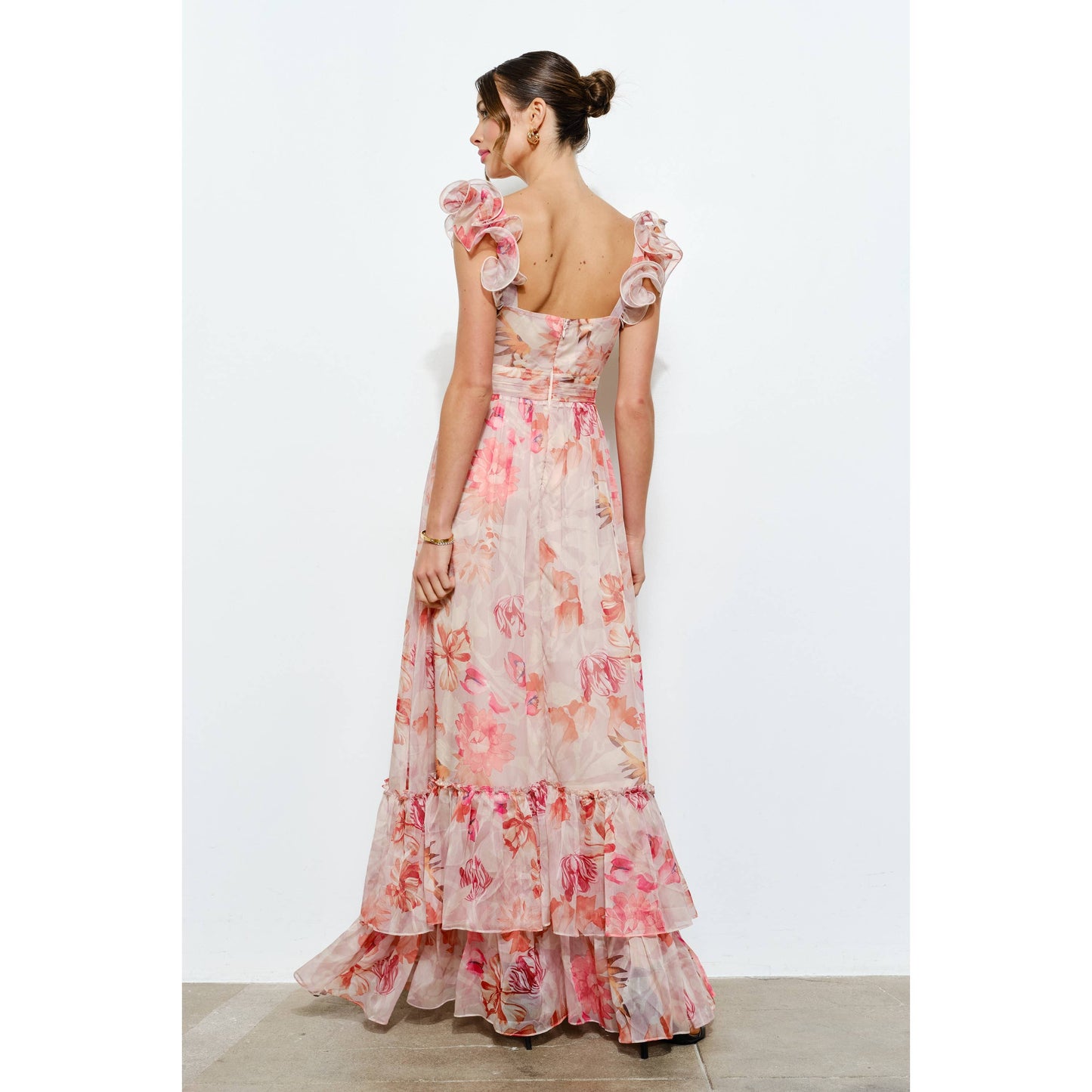 Ruffled Shoulder Floral Chiffon Tiered Maxi Dress