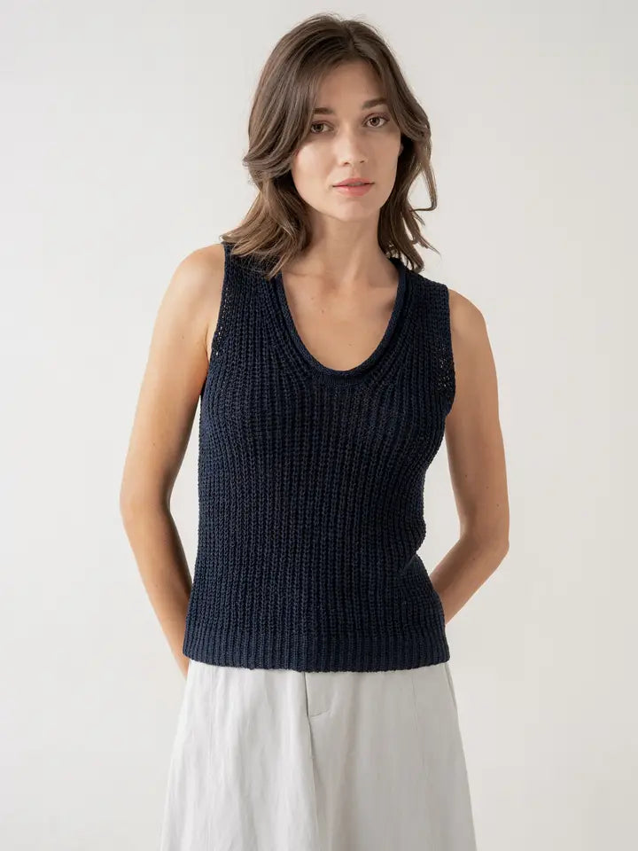 Open Stich Sleeveless Knit Top - Navy