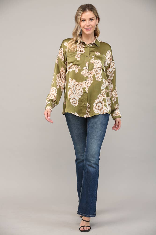 Olive Floral Button Down Shirt