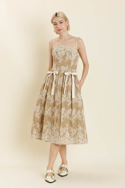 Tan Embroidered Midi Dress w/Ties