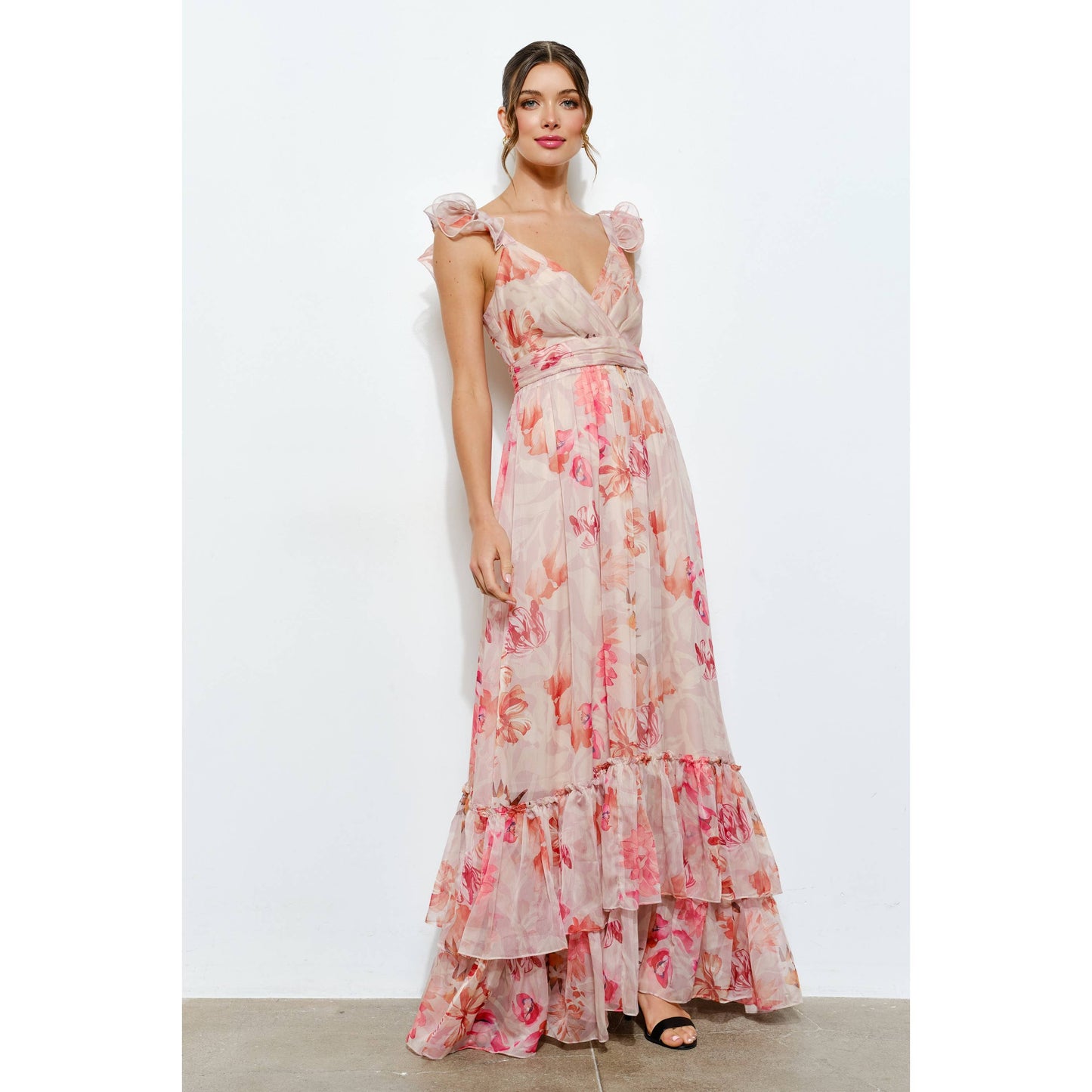 Ruffled Shoulder Floral Chiffon Tiered Maxi Dress