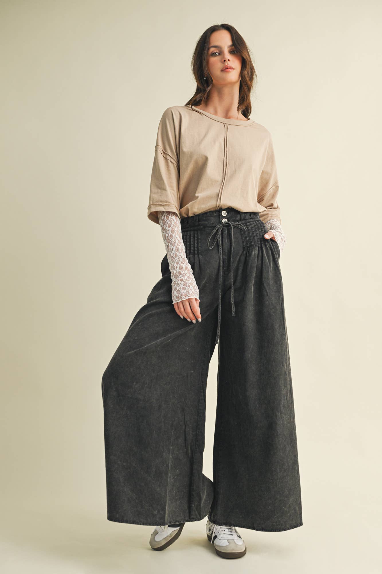 Olive Pintuck Wide Leg Pants