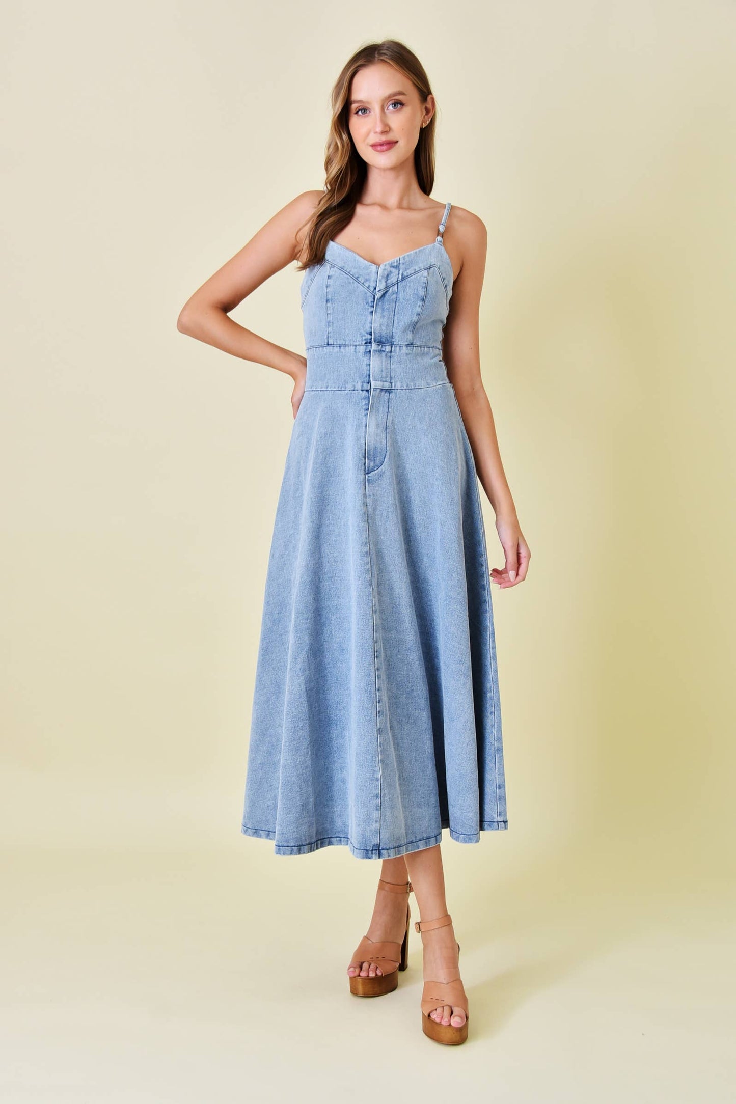 VINTAGE WASH SPG STRAP A-LINE MIDI DENIM DRESS