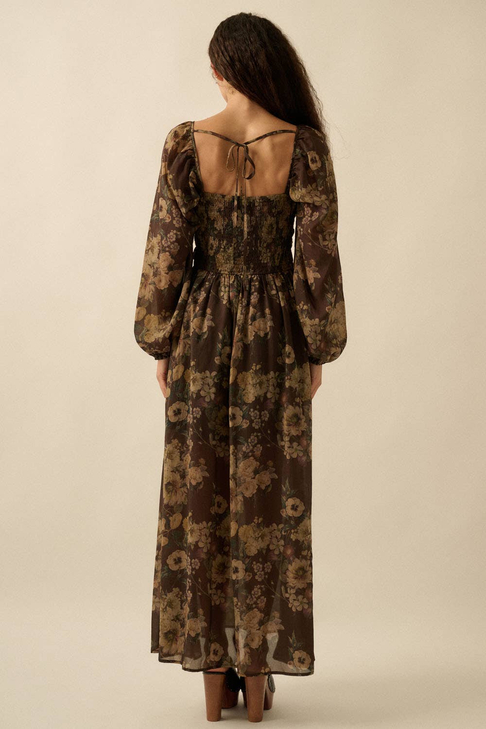 Floral-Print Velvet-Trimmed Maxi Peasant Dress