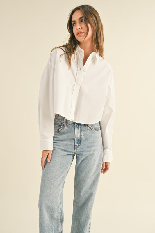 White Long Sleeve Cropped Button Down