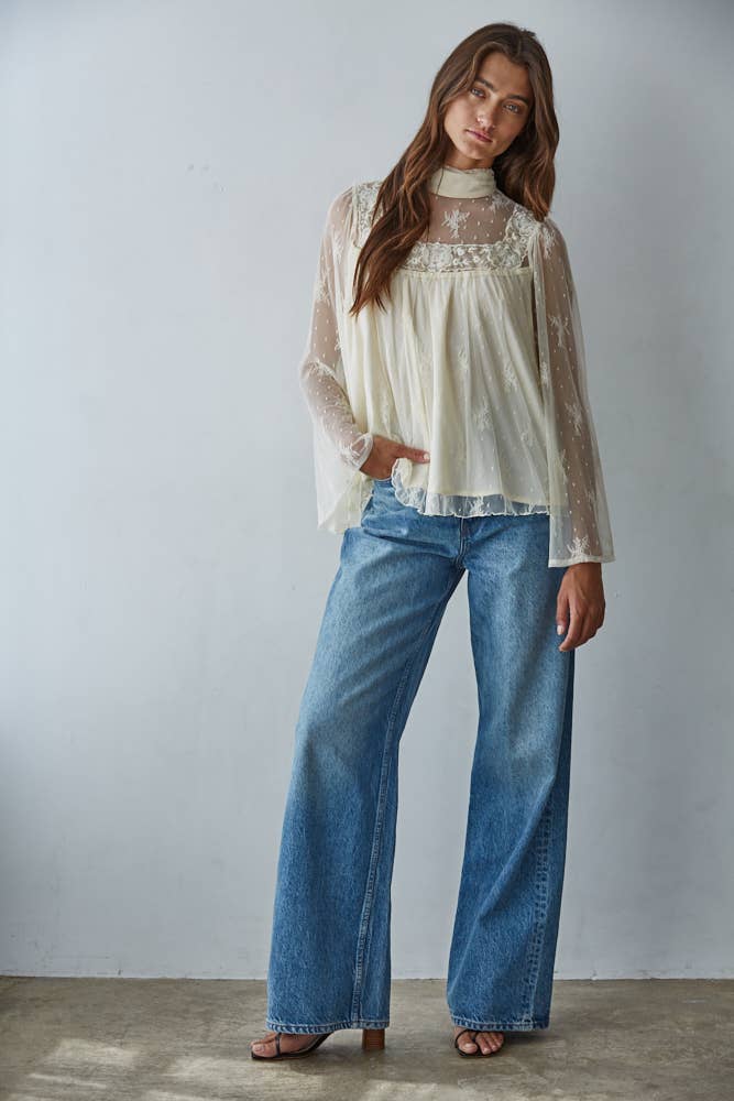 Cream Lace Mock Neck Long Bell Sleeve Blouse