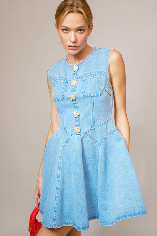Jeweled Button Denim Flare Dress
