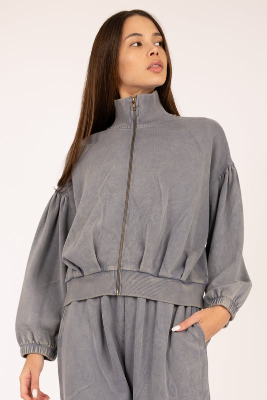 High Neck Puff Sleeve Zip Up Jacket