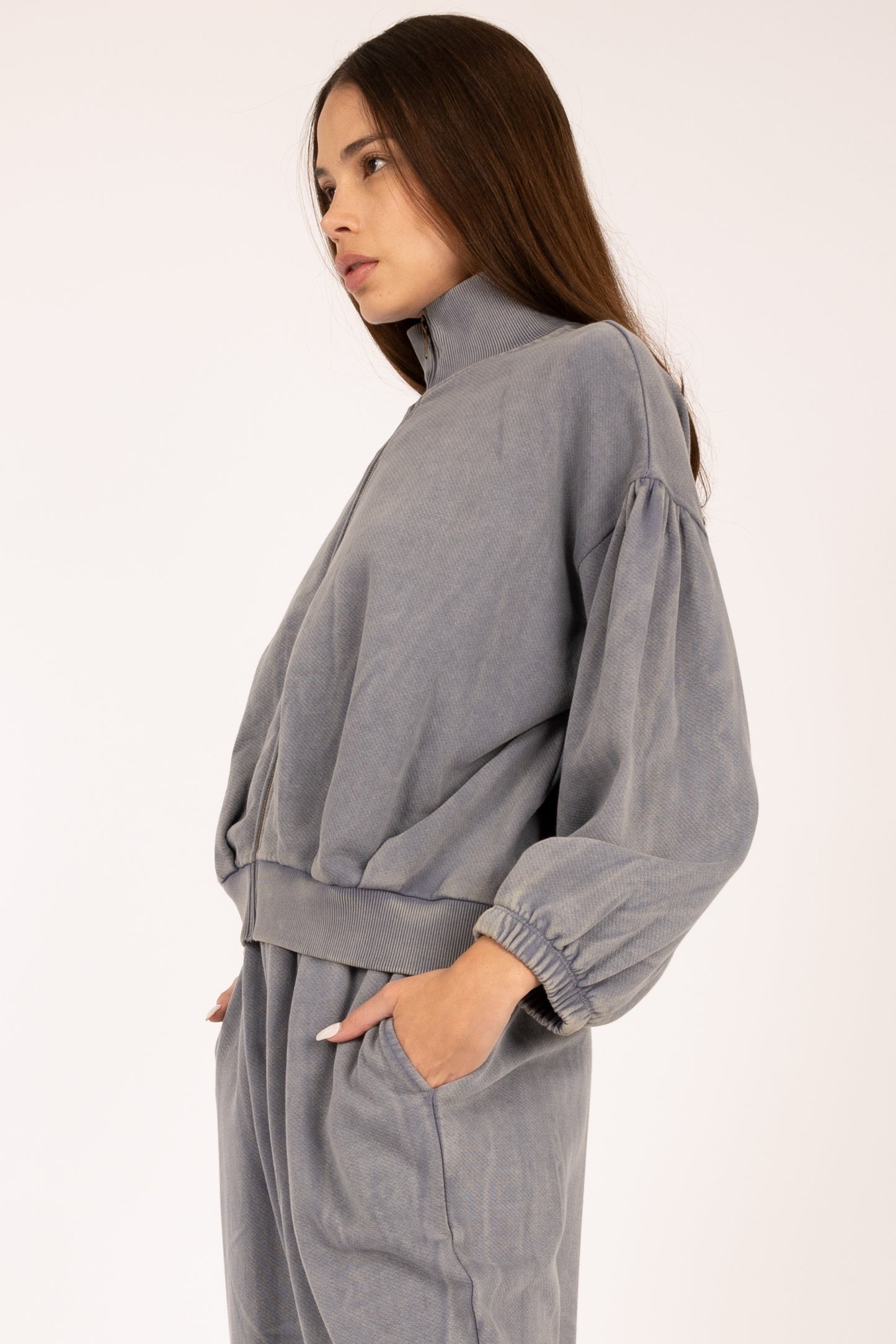 High Neck Puff Sleeve Zip Up Jacket