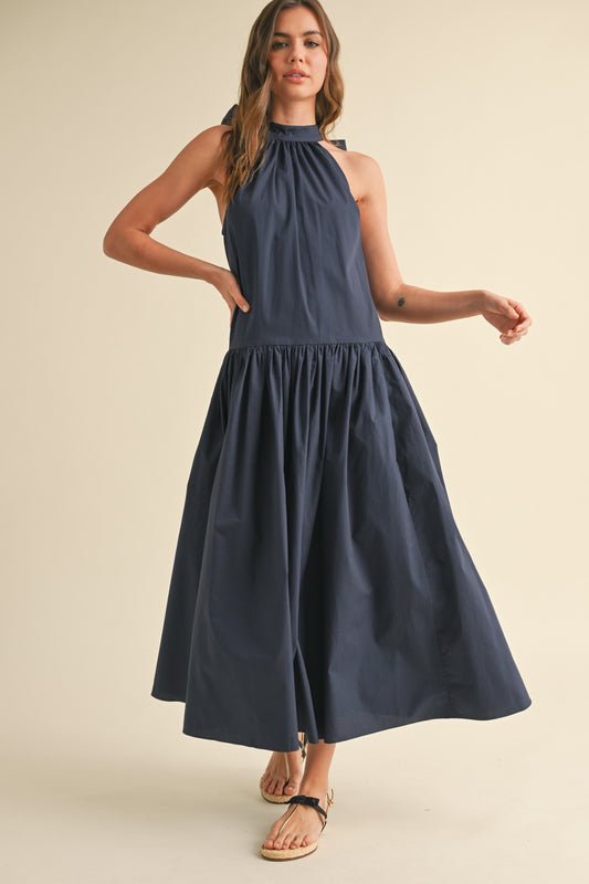 Navy Sleeveless Dress with Tie Back