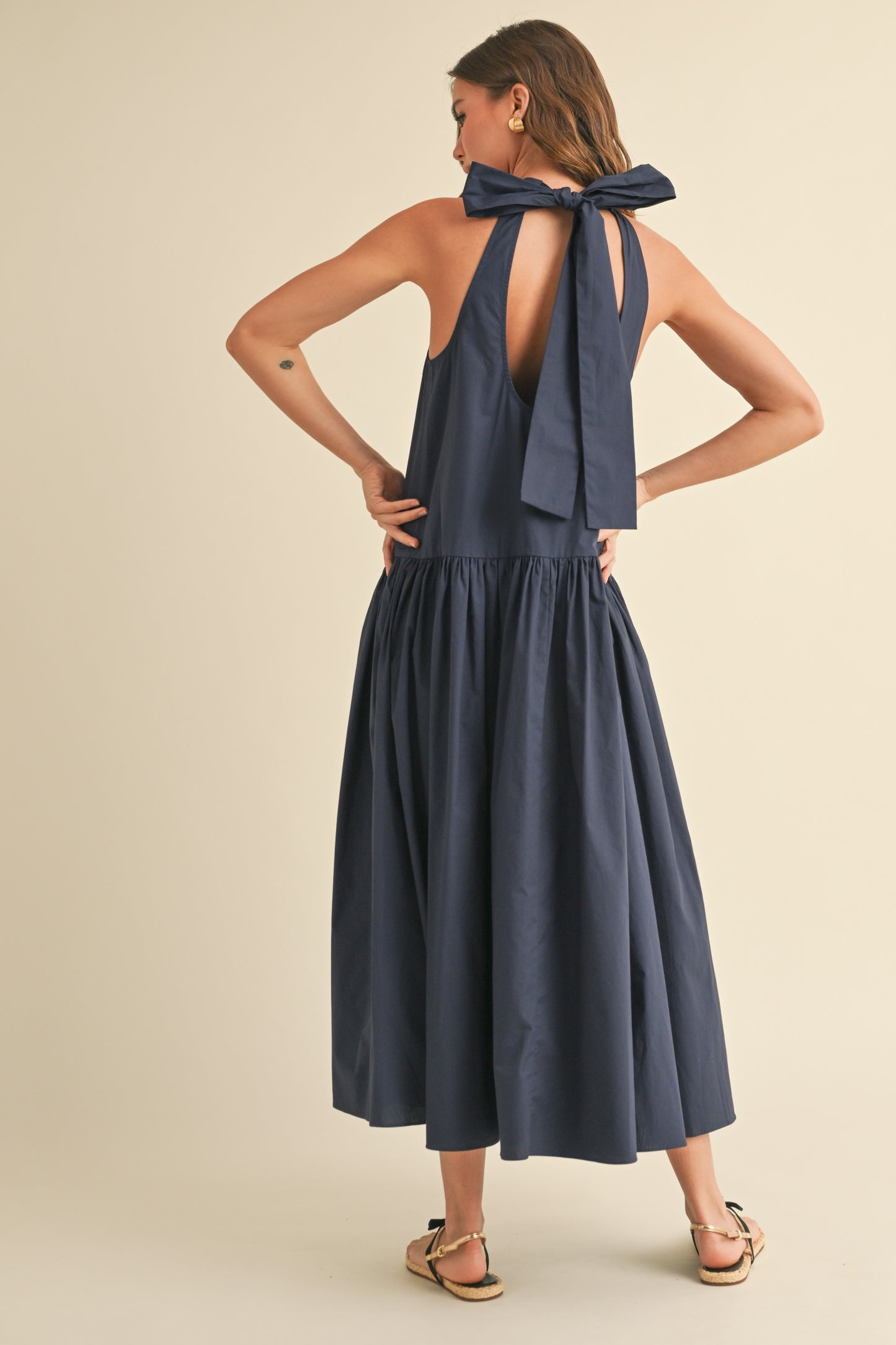 Navy Sleeveless Dress with Tie Back