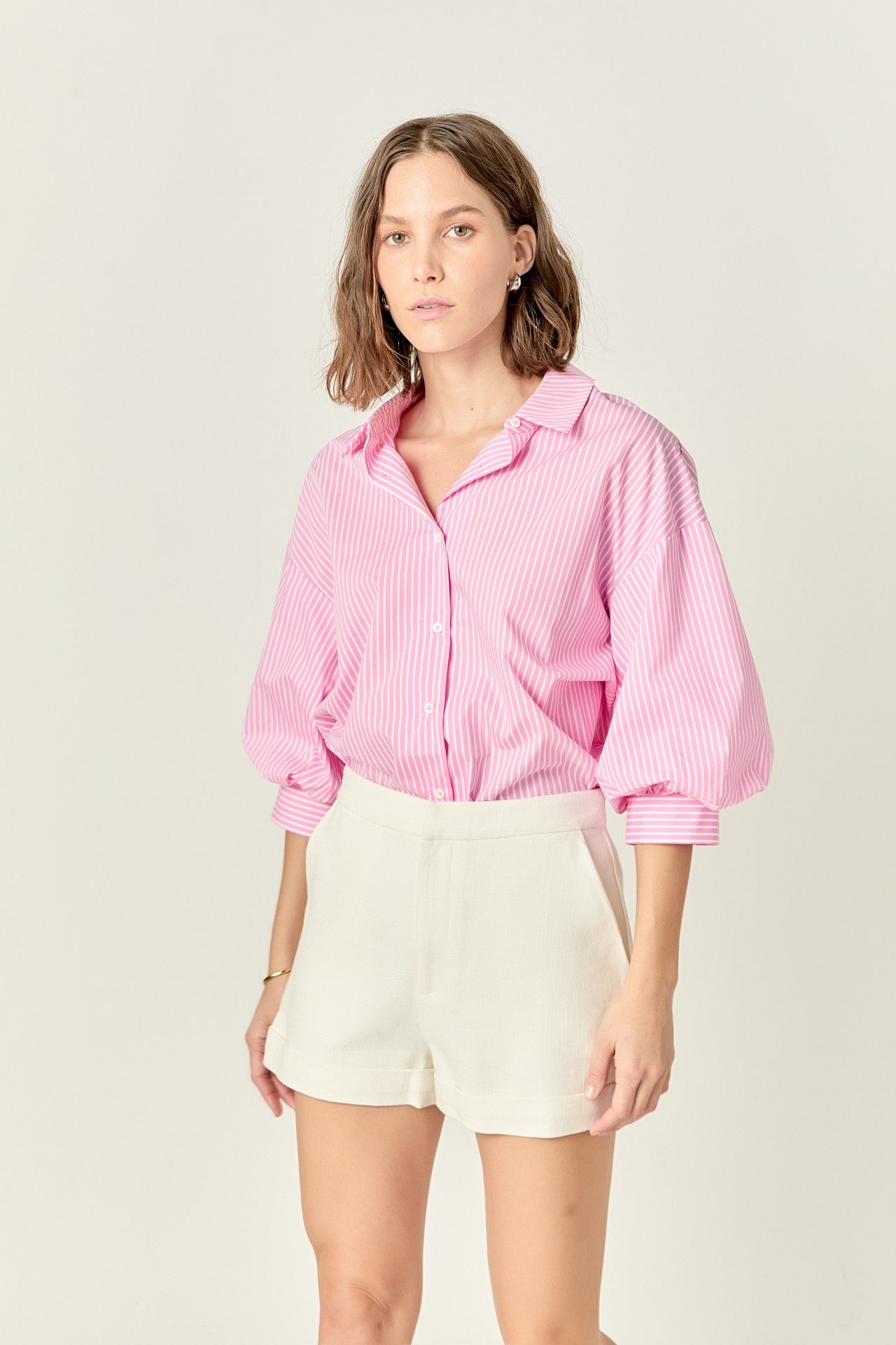 Pink/White Striped Balloon Sleeve Shirt