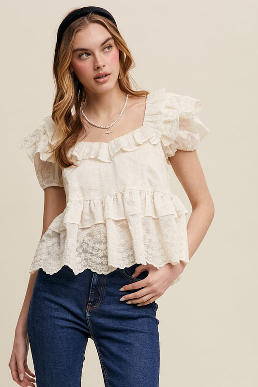 Ecru Floral Embroidered Babydoll Top