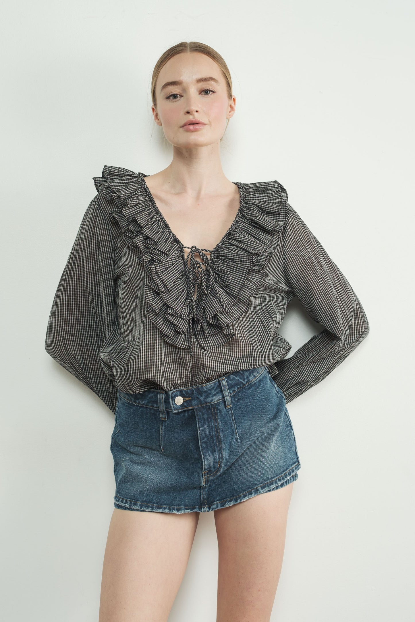 Checkered V-Neck Ruffle Top