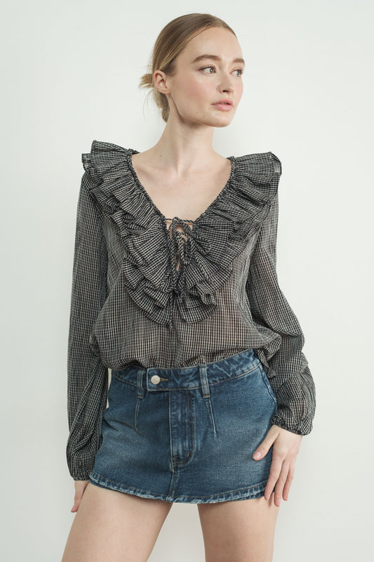 Checkered V-Neck Ruffle Top