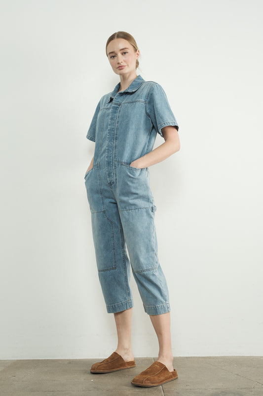 Short Sleeve Denim Crop Collared Jumpsuit