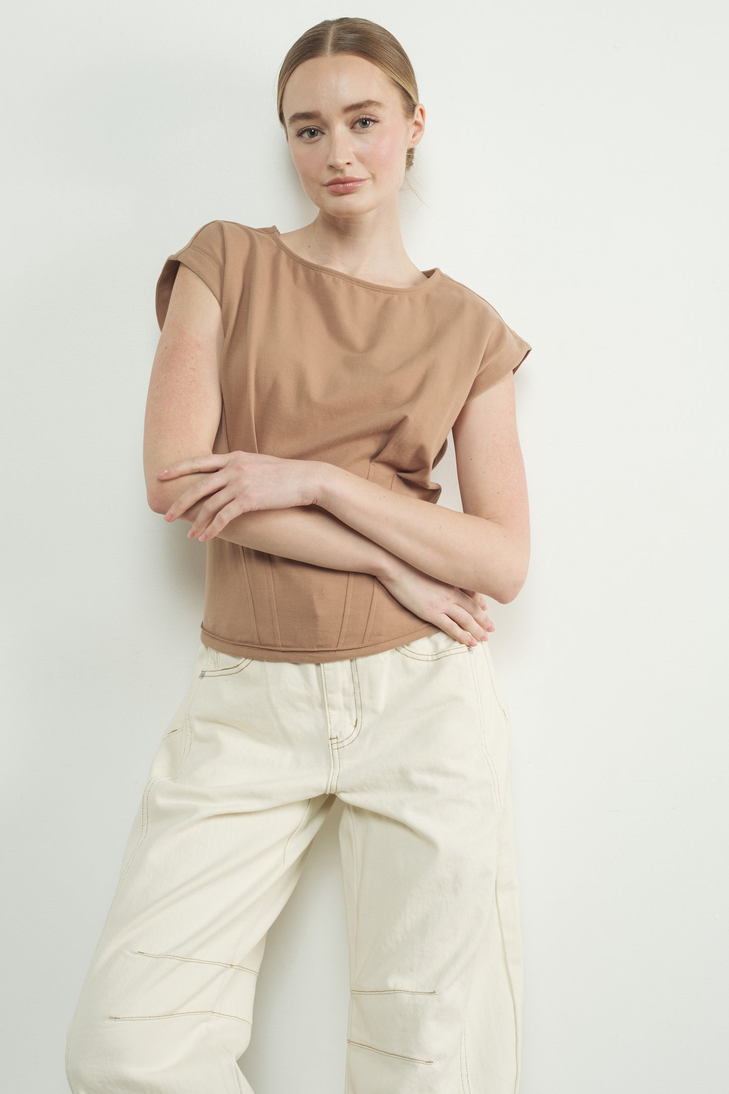 Mocha Pleated Detail Top w/Drop Shoulders
