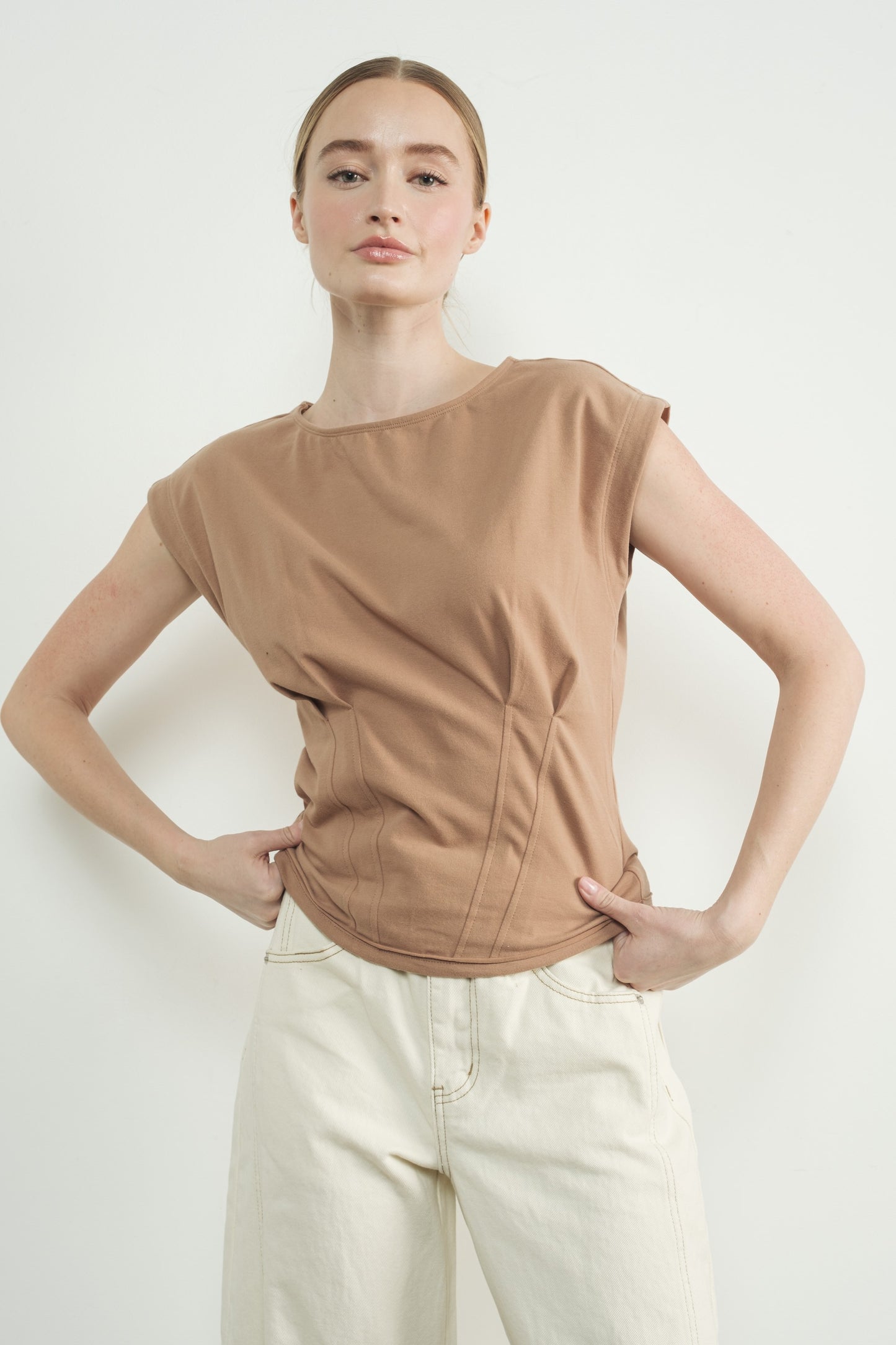 Mocha Pleated Detail Top w/Drop Shoulders
