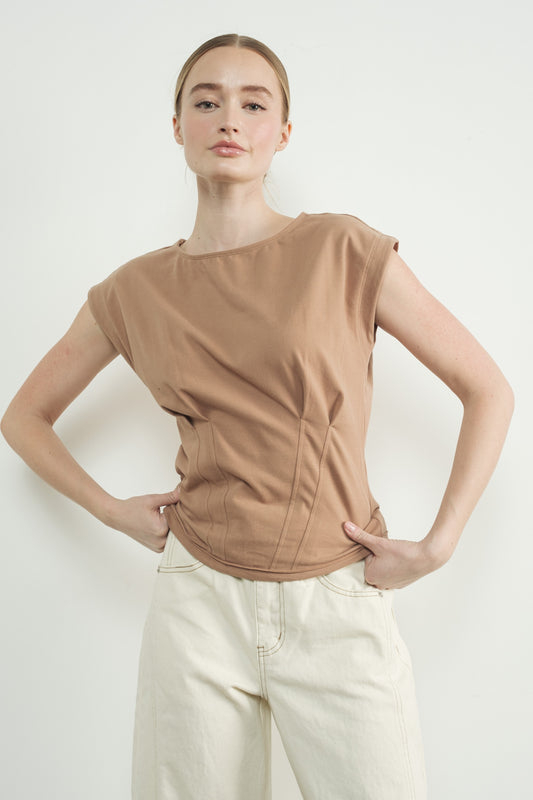 Mocha Pleated Detail Top w/Drop Shoulders