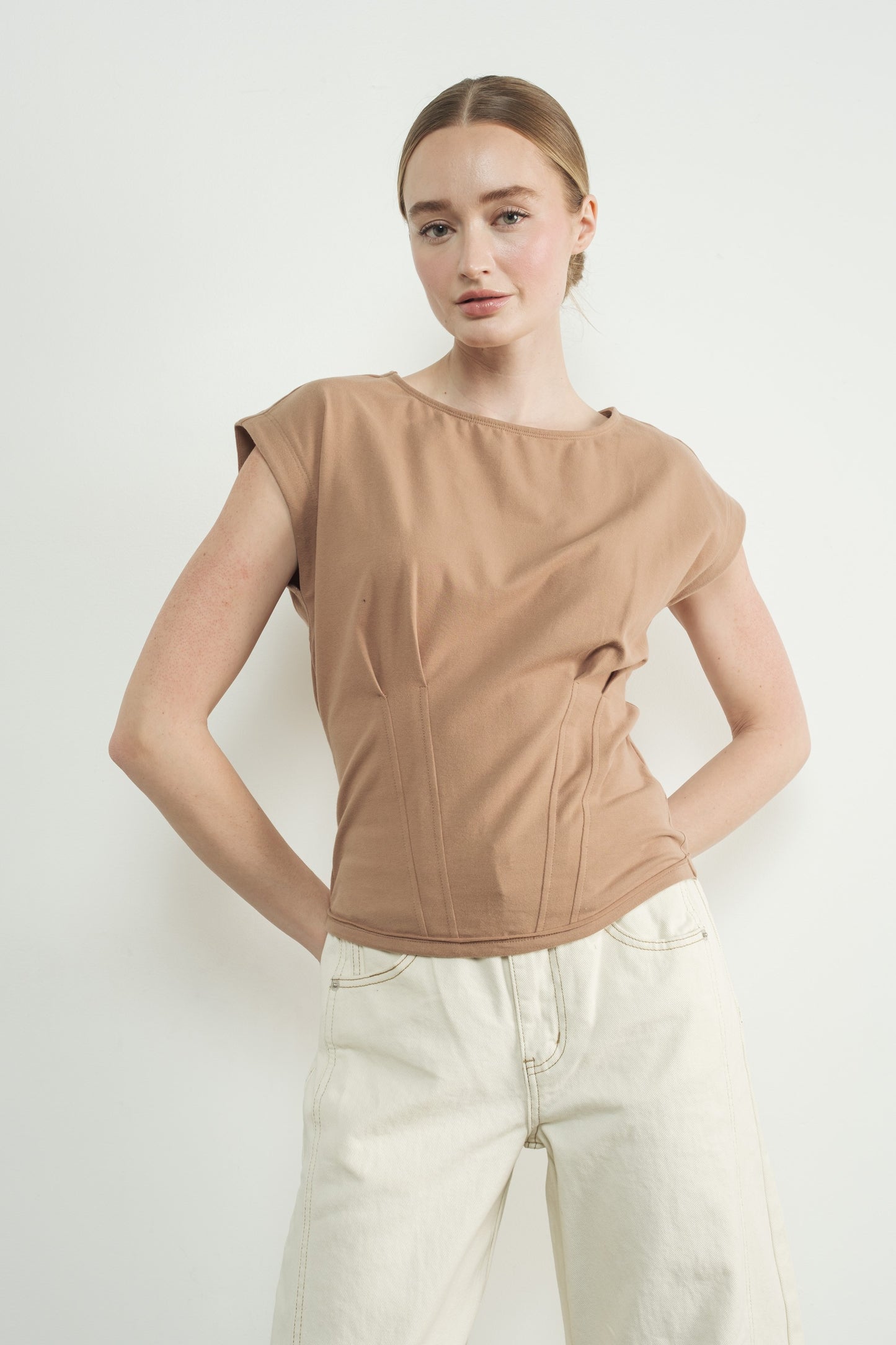 Mocha Pleated Detail Top w/Drop Shoulders
