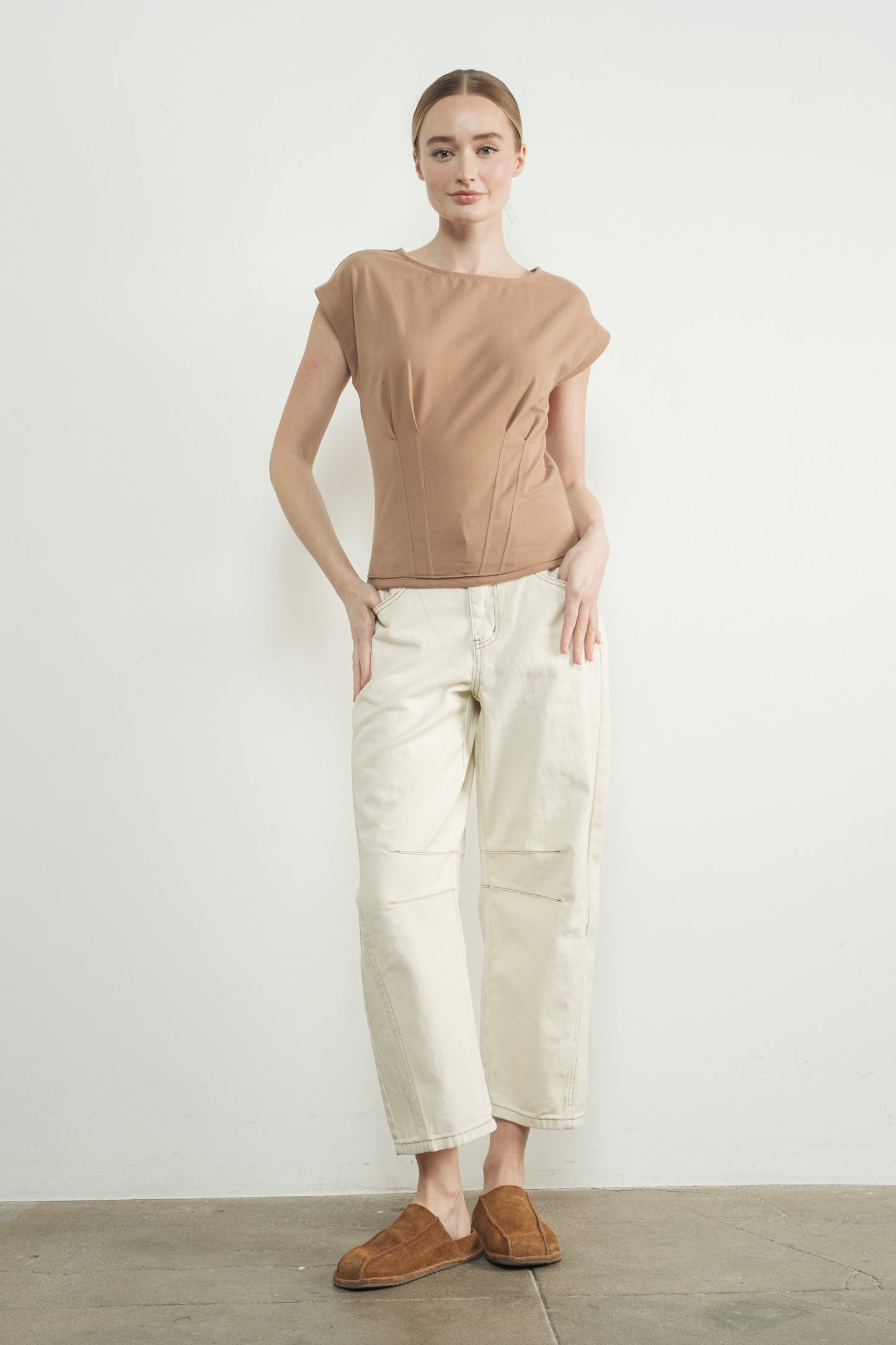Mocha Pleated Detail Top w/Drop Shoulders