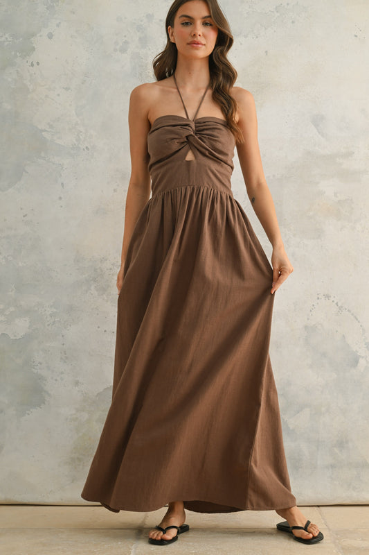Mocha Knotted Front Halter Dress
