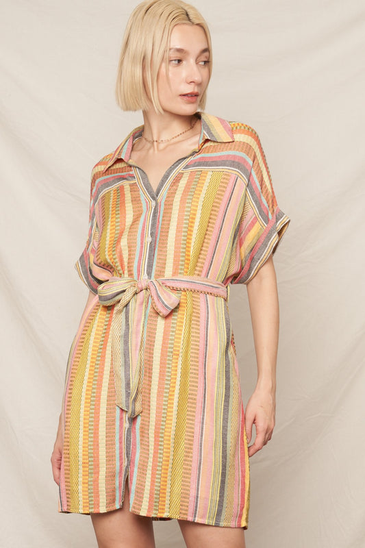 Vivid Stripe Belted Mini Dress
