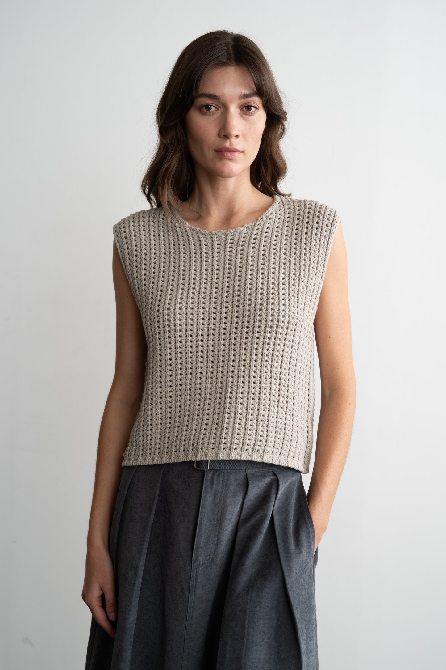 Grey Sleeveless Crochet Knit Top