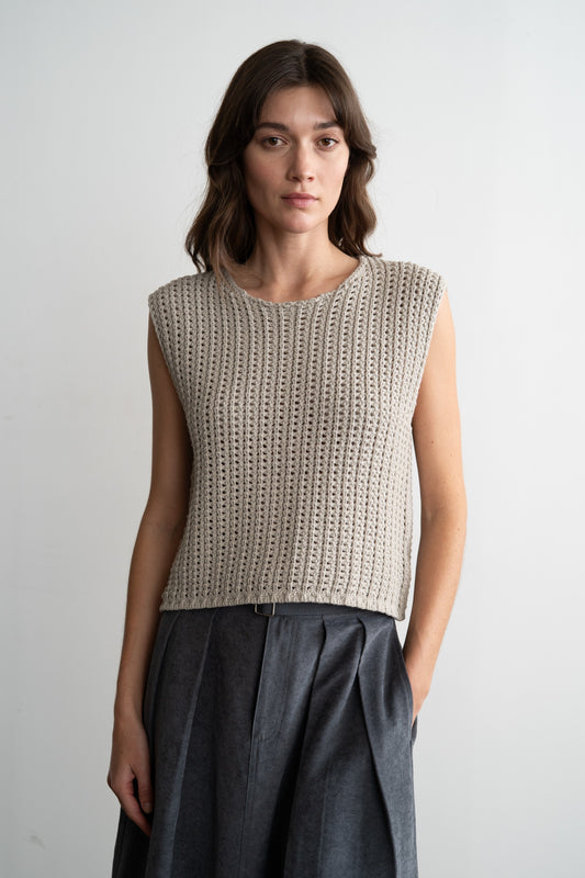 Grey Sleeveless Crochet Knit Top