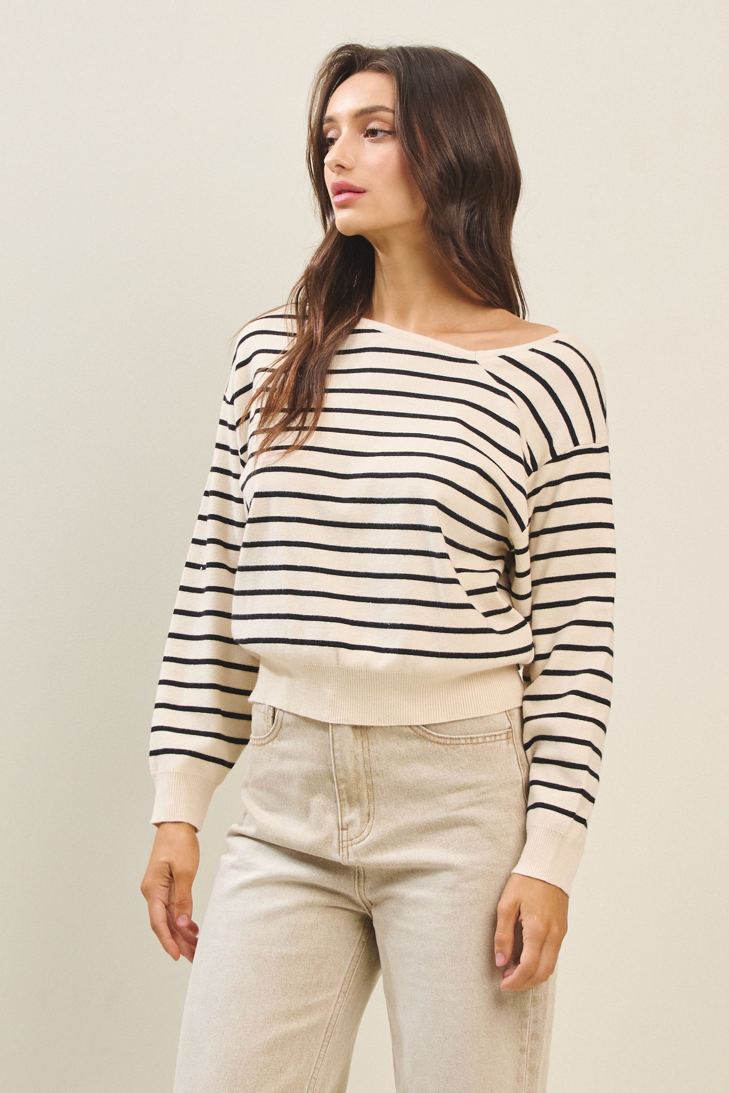Cream/Black Asymmetric Neckline Sweater