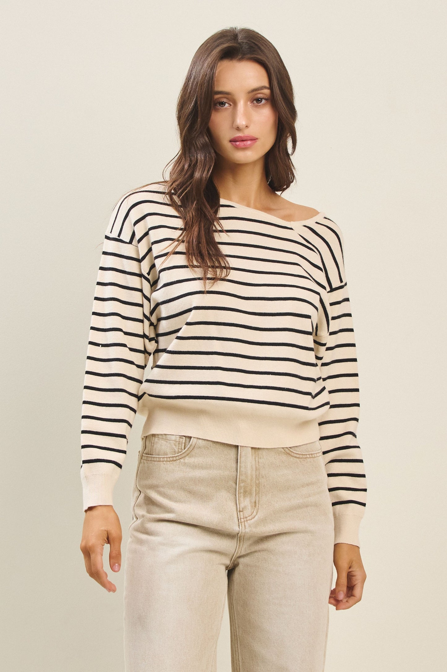 Cream/Black Asymmetric Neckline Sweater