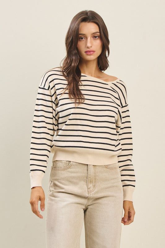 Cream/Black Asymmetric Neckline Sweater