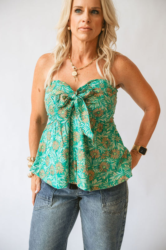 Floral Print Ribbon Bubble Hem Tube Top with Lurex