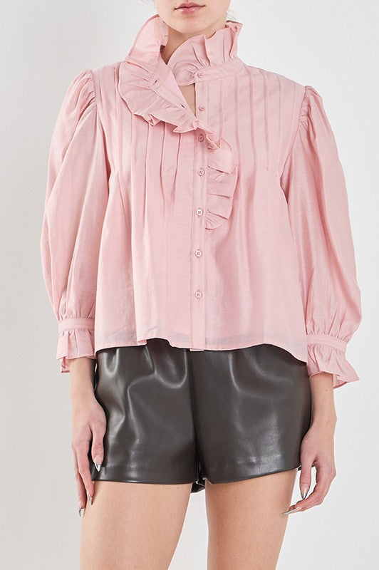 Pink Long Sleeve Ruffled Blouse