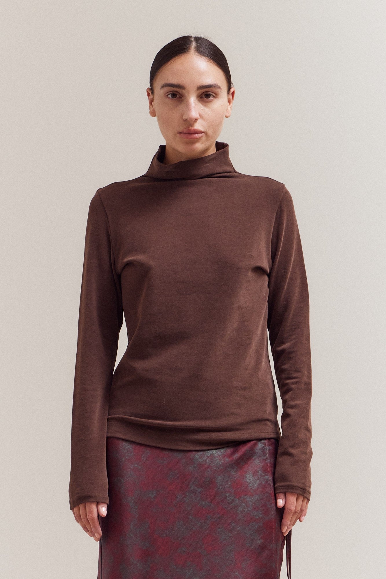 Dark Chocolate Brush Mock Neck Top