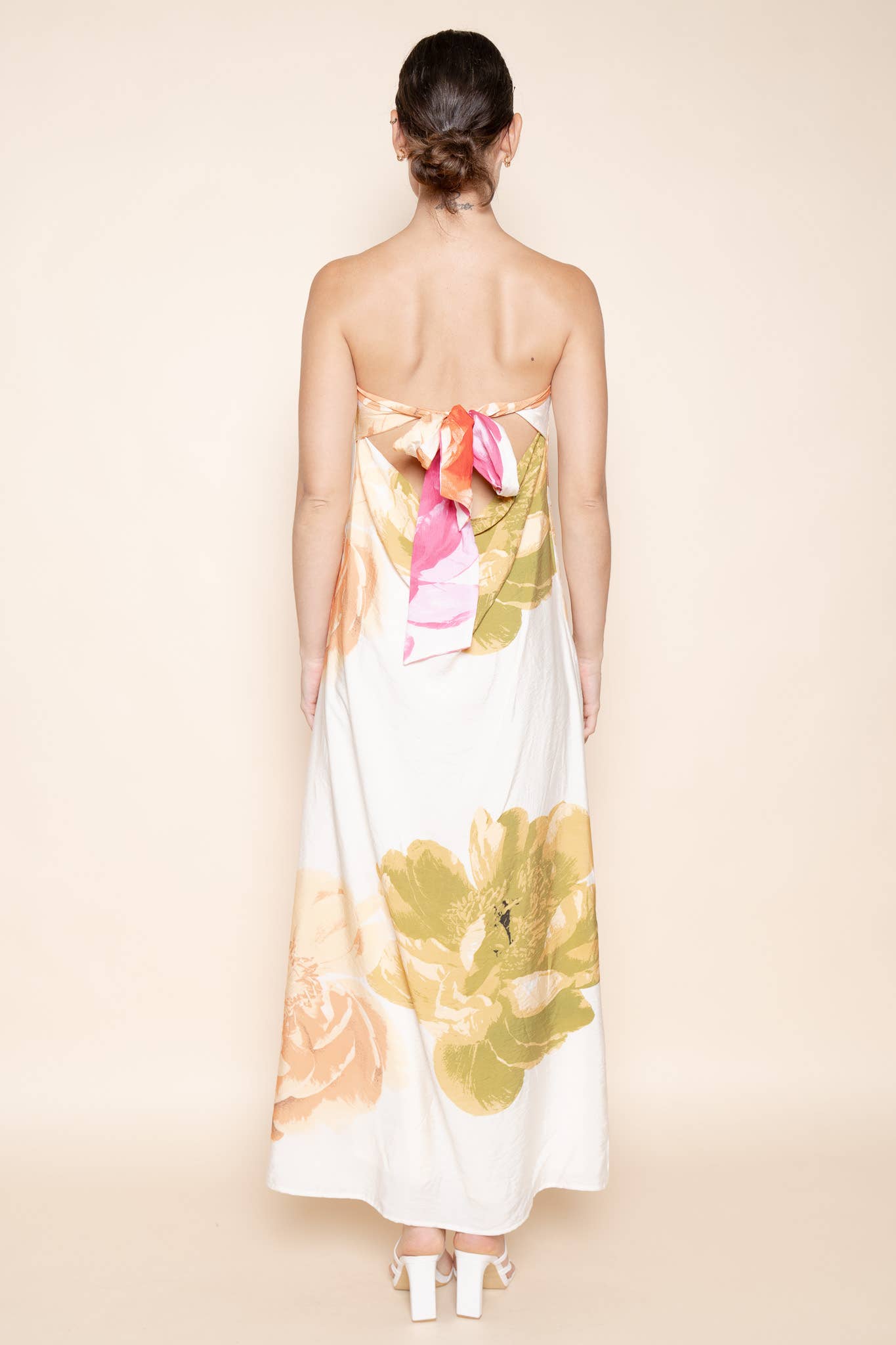 FLORAL STRAPLESS A LINE TIE BACK MAXI DRESS