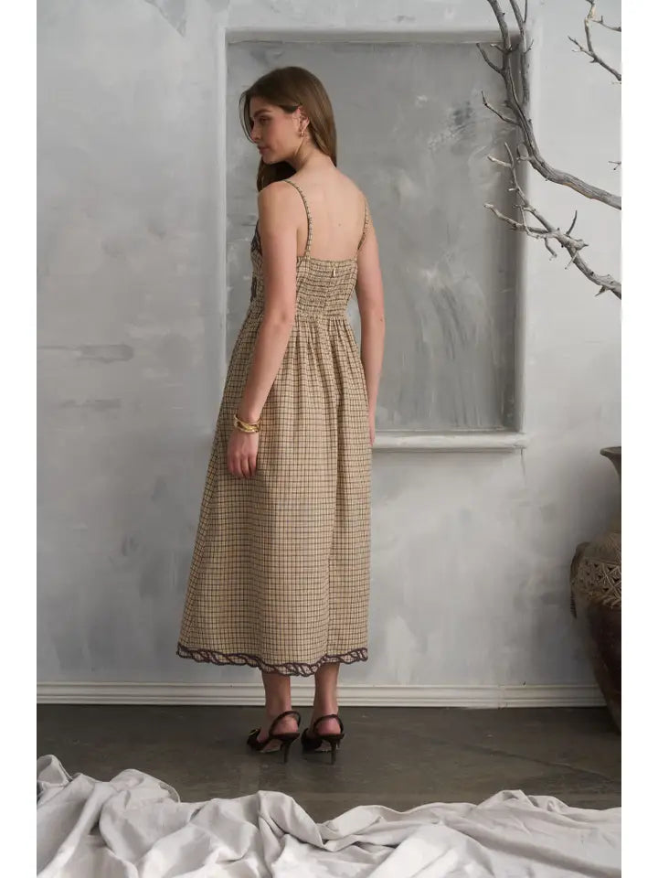 Embroidered Brown Plaid Midi Dress