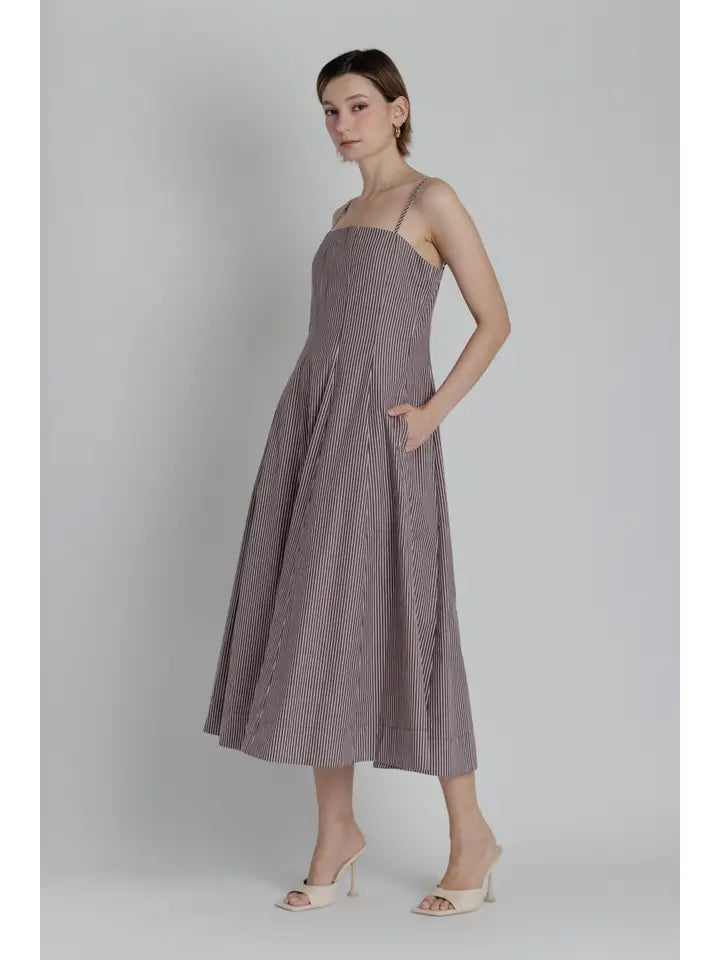 Striped Panel Midi Dress - Brown