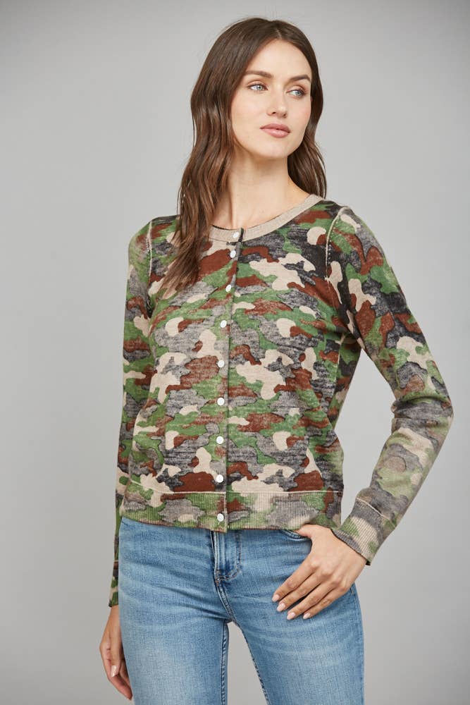 CAMO PRINT FRONT BUTTON CLOSURE CARDIGAN