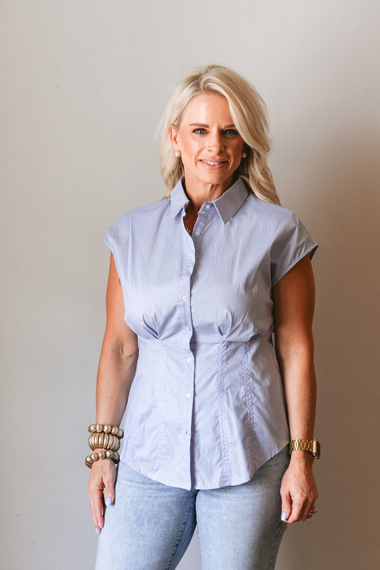 Blue Pleated Cap Sleve Blouse