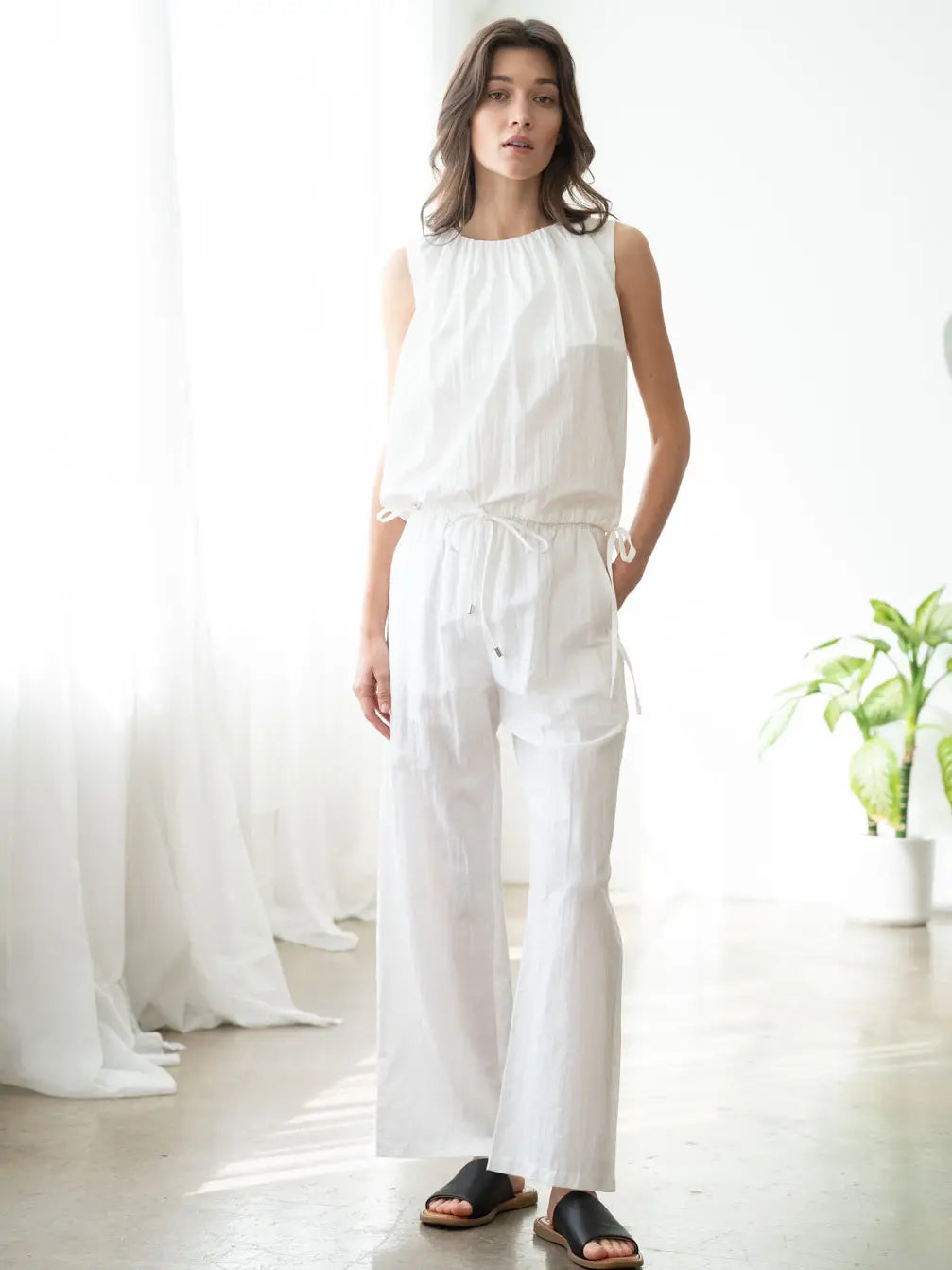 White Shirred Neck Sleeveless Side Tie Top