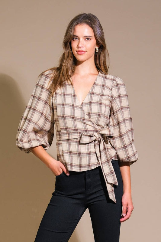 Brown Plaid Tie Waist Top
